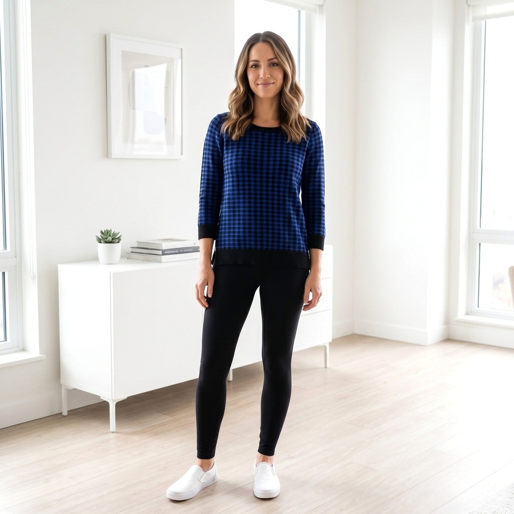 APT 9‎ Sweater Women Small Zipper Accent Pullover Blue Black Houndstooth Knit
